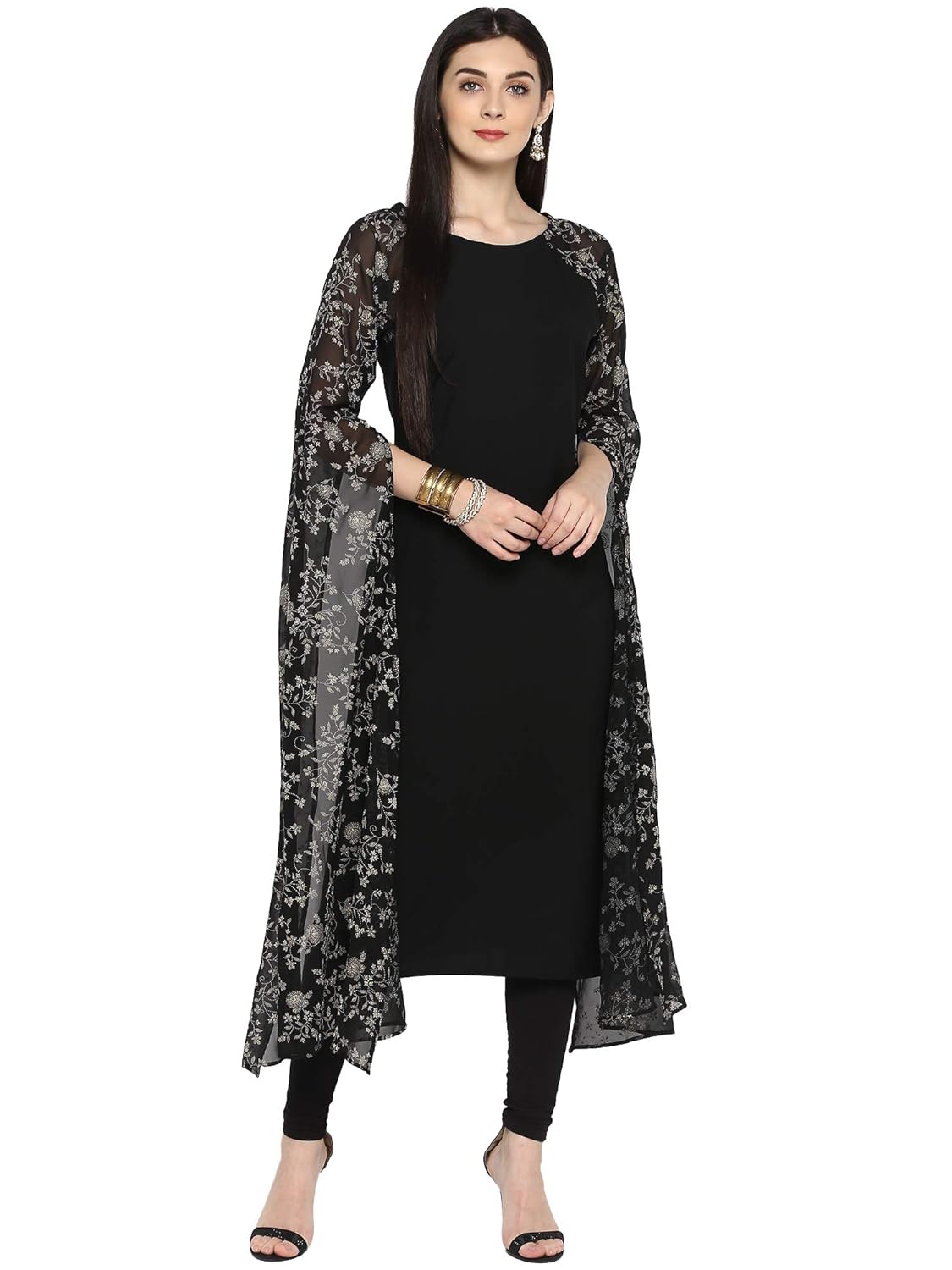 black crepe kurta with printed exaggerated fit flare sleeves