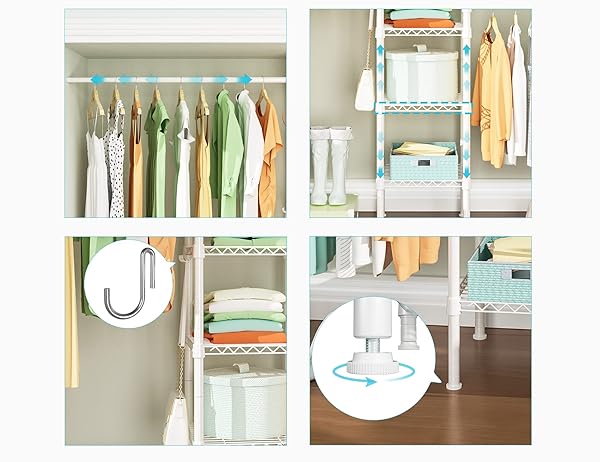 ULIF M1 CLOSET STORAGE ORGANIZER SYSTEM, 6 TIERS HEAVY DUTY METAL GARMENT RACK WITH 3 EXPANDABLE HANGER RODS, WALL MOUNTED SPACE SAVER SUITS FROM 5.4-8.7 FT. WIDTH, 71.2”H X 14”D, 700LBS, WHITE