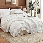 CAROMIO White Ruffled Queen Size Comforter Set, 3PCS Soft Washed Microfiber Lightweight & Fluffy All-Season Bedding Comforter with Vintage French Country Style, White, 90x90 in