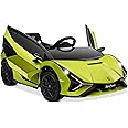 Kidzone Kids 12V Electric Ride On Licensed Lamborghini Sian Roadster Carbon Fiber Textured Motorized Toy Car with Remote Control, Wheels Suspension, LED Lights & Music – Burgundy