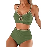 Herseas Women's Textured Bikini Sets O Ring Swimsuits Whip Stitch High Waisted Bathing Suits 2026 Summer Beach Wear