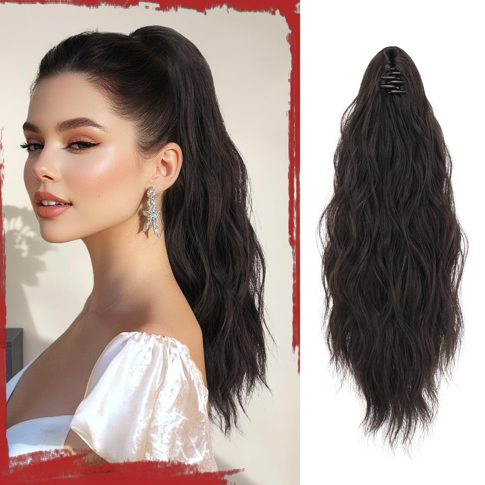 Photo 1 of SOFEIYAN Ponytail Extension 16" Curly Wavy Claw Clip Ponytail Hair Extensions Small Claw Clip in Hairpiece Fluffy Clip on Pony Tails Jaw Clips for Women Synthetic Hairpiece, Dark Brown Tend to Black