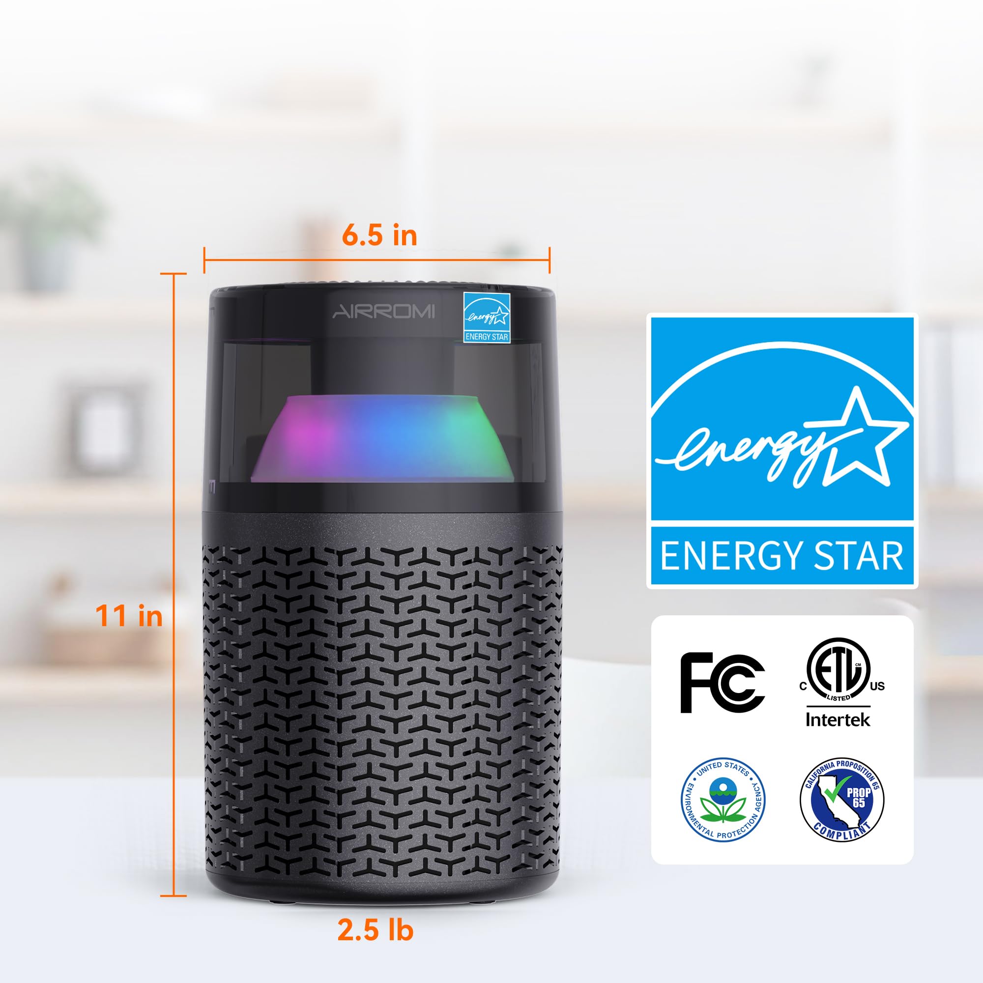 AIRROMI Air Purifiers for Bedroom Home,Up to 658 Ft²,Activated Carbon Filter Cleaner,With Fragrance Sponge for Better Sleep,Night Light,Pet Dander,Allergies,Smoke,Odor,Desktop Air Cleaner A2002 Grey
