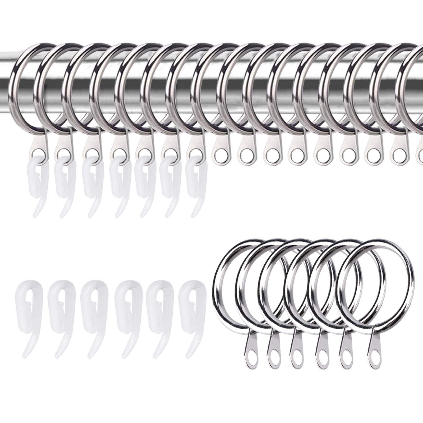 50 Pack Curtain Rings and Hooks, KissDate 30mm Metal Drapery Curtain Rings & Hooks Plastic White Drape Sliding Eyelet Ring (Silver)