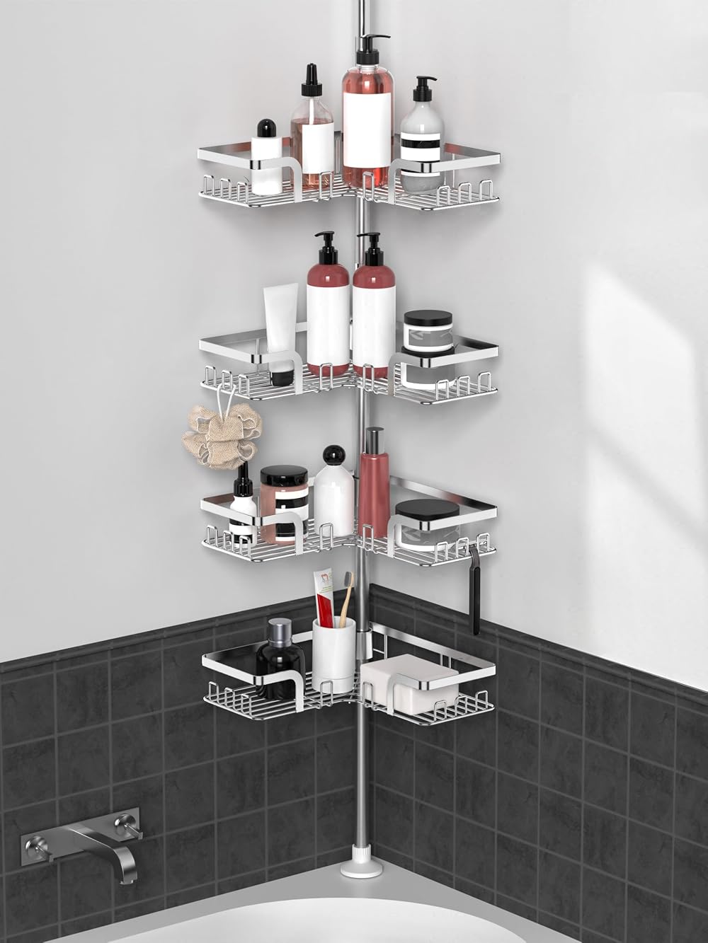 KEGII Telescopic Shower Caddy Corner Silver Stainless Steel Shelf with Hooks