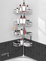 KEGII Telescopic Shower Caddy Corner Silver Stainless Steel Shelf with Hooks