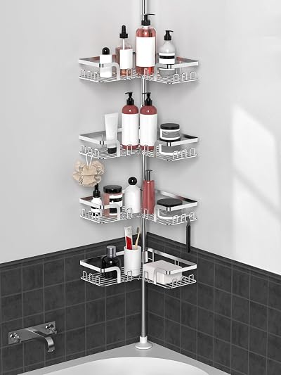 KEGII Telescopic Shower Caddy Corner Silver Stainless Steel Shelf with Hooks