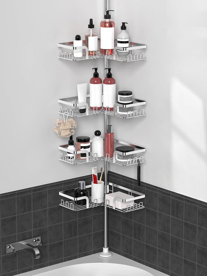 KEGII Telescopic Shower Caddy Corner Silver Stainless Steel Shelf with Hooks