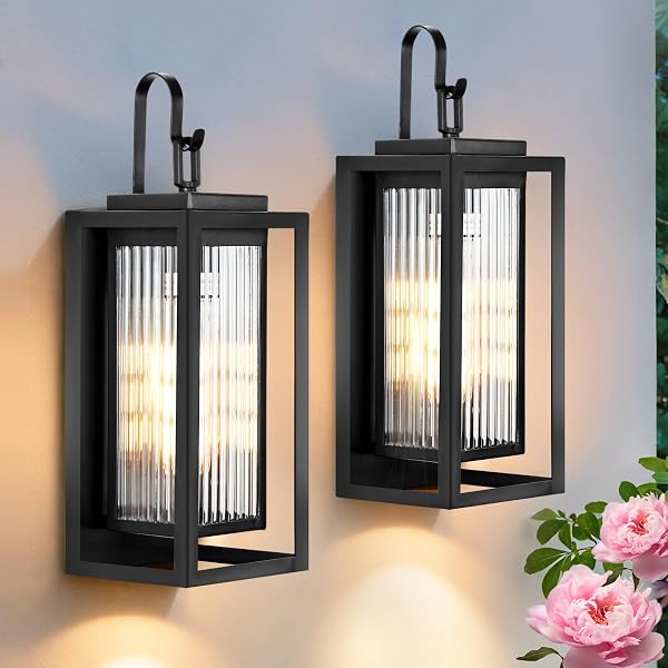 HAMESO 2 PACK OUTDOOR WALL LIGHTS FOR HOUSE EXTERIOR, 18 INCH LARGE BLACK MODERN LANTERN WITH DUAL METAL FRAME & TEXTURED GLASS, IP65 WATERPROOF (BULBS INCLUDED)