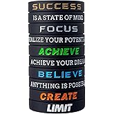 KUCLIN 12pcs Success, Achieve, Focus Motivational Silicone Wristbands with Inspirational Messages for Men Women Rubber Bracelets Elite Athletic Gear Wristbands