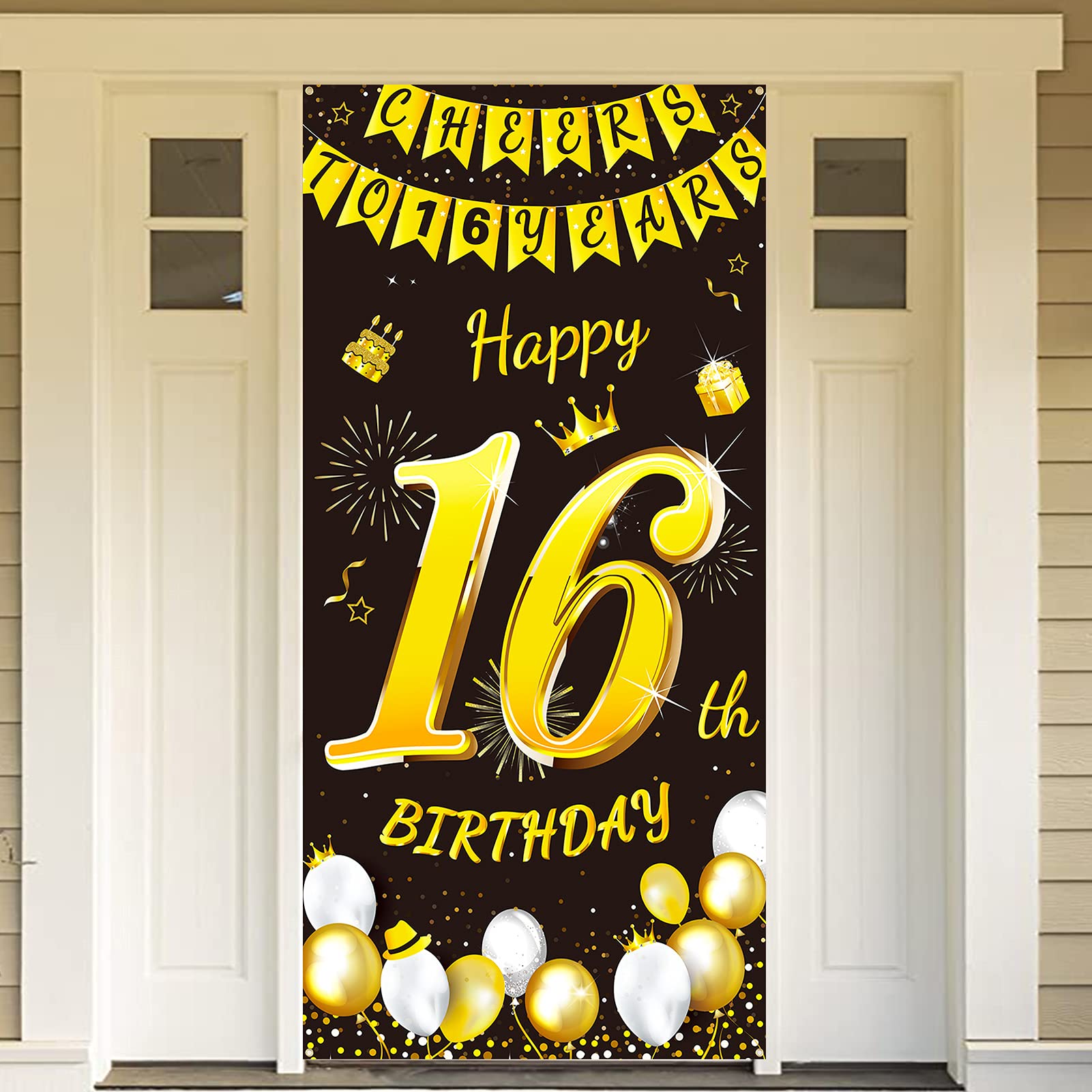 DPKOW Black Gold 16th Birthday Decoration for Boy Girl, Black Gold 16th Birthday Banner for Backdrop Door Decoration Garden Table Wall Decoration, 185 x 90cm Fabric