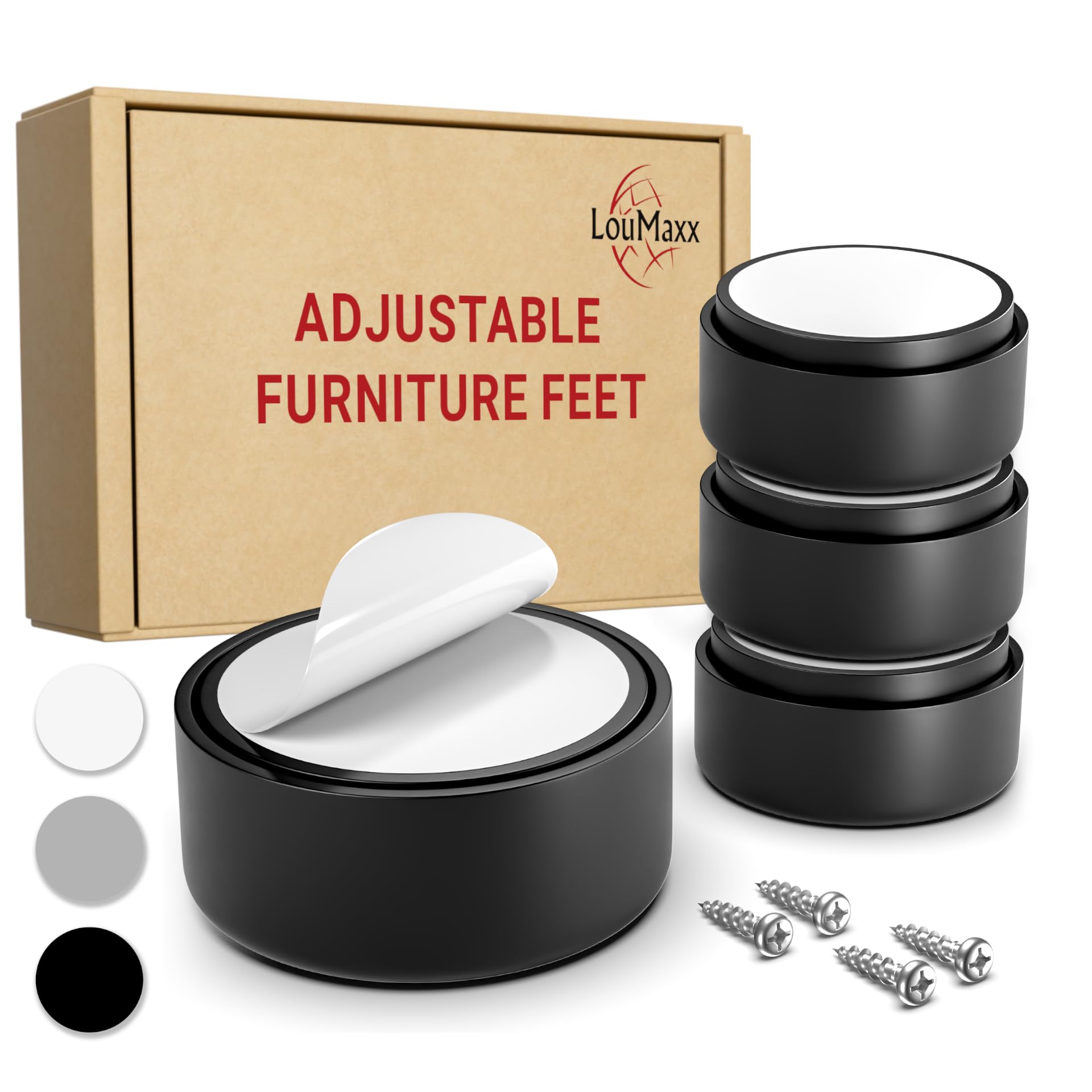 LouMaxx Furniture Legs Height-Adjustable Furniture Legs Diameter 53.5 mm Plastic – Furniture Risers for Gluing or Screwing, Set of 4 Black Sliding Feet Mounting