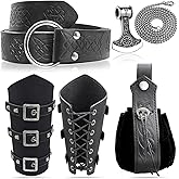 5pcs Medieval Viking Knight Bracers Arm Guards,Knight Belt,Drawstring Purse Pouch Bag and Stainless Steel Chain Axe Necklace Set for Renaissance Faires,LARP events,or Halloween costumes,5 Black set