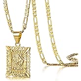 KissYan Zodiac Pendant Necklace for Women Men, 14K Gold Plated Square Constellation Sign Horoscope Figaro Chain Jewelry Birthday Gift