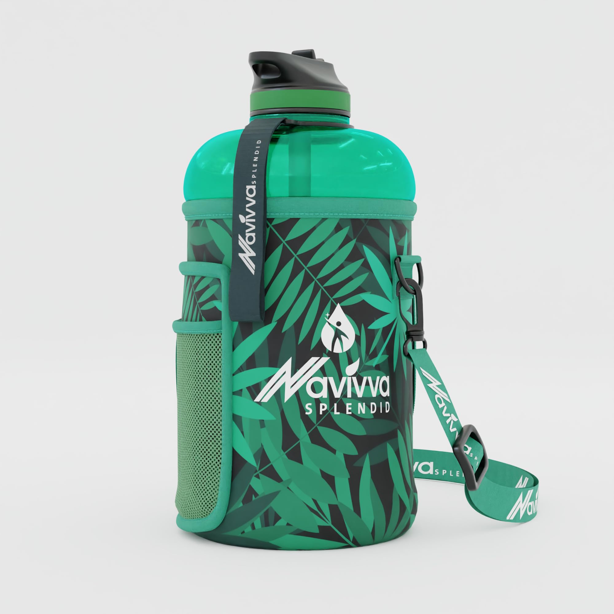 NAVIVVA SPLENDID Large 2L Water Bottle with Insulating Neoprene Cover and Straw Lid - BPA-Free, Dishwasher Safe, Portable, Eco-friendly with Carry Handle – Huge 2.2 Litre Capacity. (Green Jungle) — image 1
