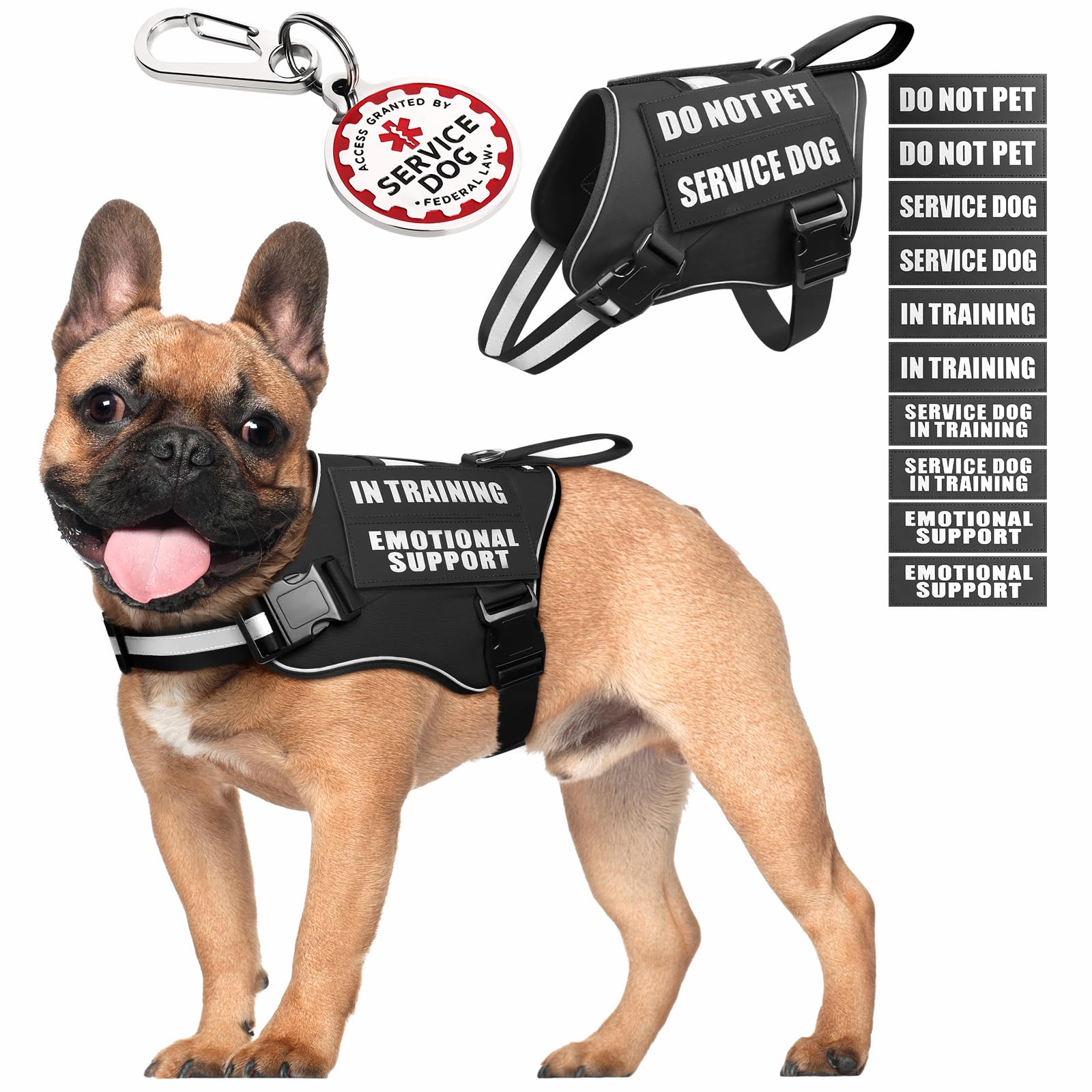 Photo 1 of ***(MISSING PATCHES)***MOOGROU Service Dog Vest Harness+ID Tag+10 Patches,Metal Serivce Dog Tag&Reflective Emotional Support Dog Vest with Handle for Small Dogs,Easy Put On/Off for Training/Walking/Everyday Black S