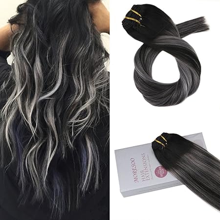 Moresoo 20 Zoll Balayage Ombre Haar Clips Verlängerung Echthaar 120 Gramm 7 StückeSchwarz zu Silber Highlights with Silber Om