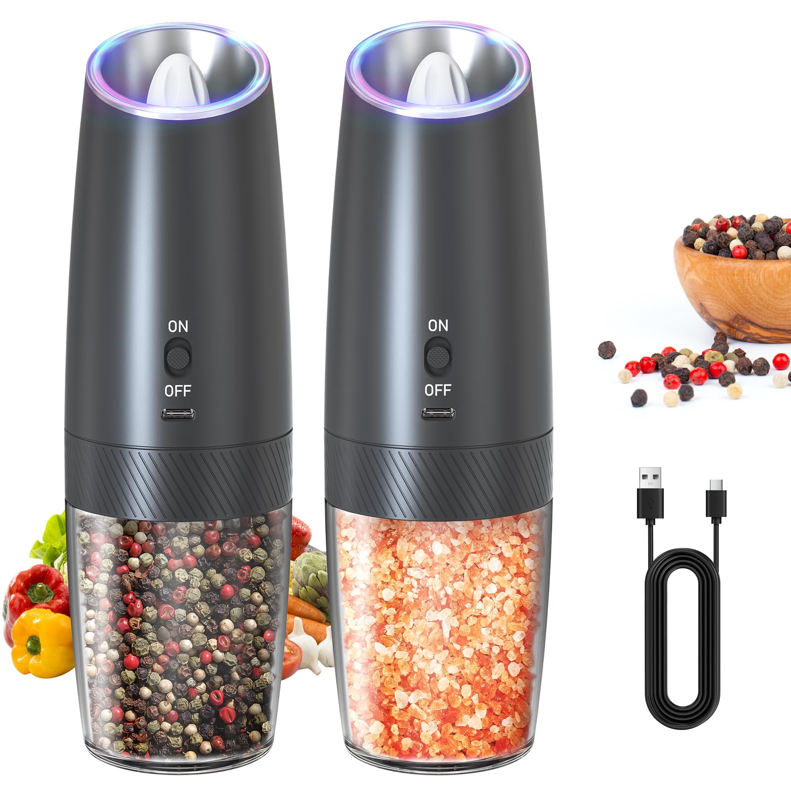 Photo 1 of CIRCLE JOY Rechargeable Electric Salt and Pepper Grinder Set Gravity Salt and Pepper Mills Set with LED Light, No Battery Needed, Adjustable Coarseness, Washable 135ml Container, Black