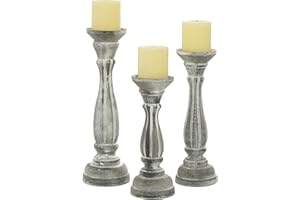 Deco 79 Wooden Decorative Candle Holder Distressed Turned Candle Stand, Set of 3 Candlestick Holder 15", 13", 11"H, Gray