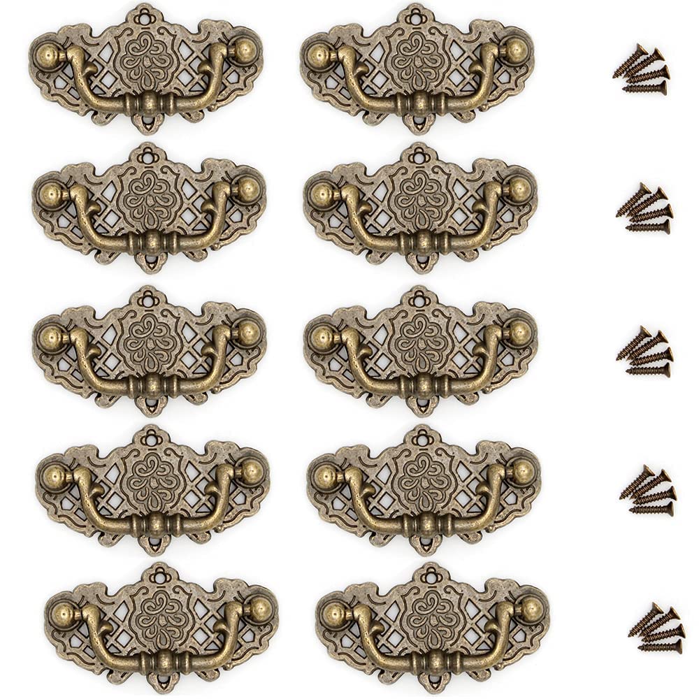 WANLIAN 10-Pack 1.5" Droop Bail Dresser Drawer Pulls Handles Vintage Antique Bronze Cabinet Retro Knobs Handle 67mm (10, Antique Bronze)