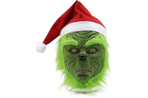 Big Mango Green Mask Christmas Mask with Red Hat Halloween Costume Cosplay Accessories,Green Latex Full Head Mask,Universal Size Fits Adults