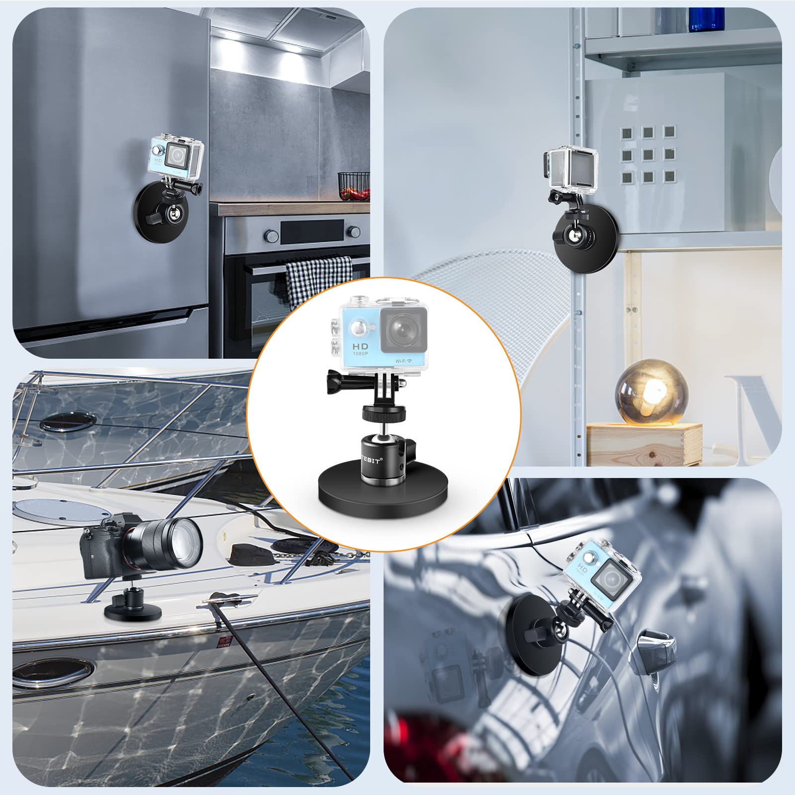 UTEBIT Magnethalterung Werkzeug mit 360° drehbarem Kugelkopf, Supermagnetischem 88-mm-Magnetfuß mit Smartphone-Halter, Kamera Magnethalter Kompatibel mit GoPro, Action-Kamera, max belastbar 30 kg 6