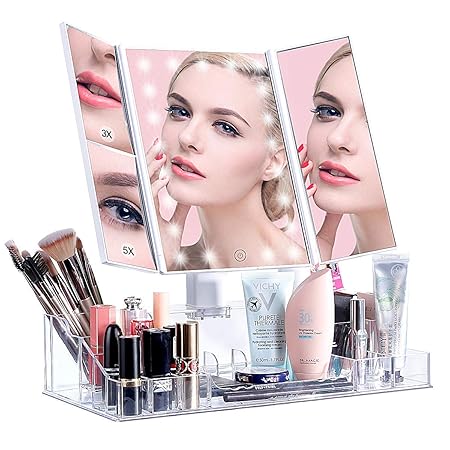 ISENPENK Kosmetikspiegel mit Makeup Organizer, Schminkspiegel mit LED Licht und Touchscreen 180°Drehbare Make-up Spiegel, Fal
