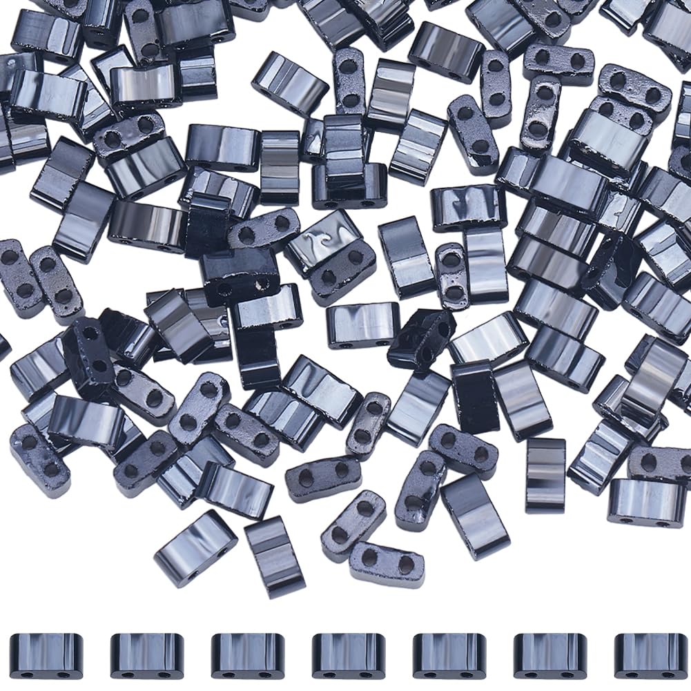 SUNNYCLUE 1 Box 300Pcs Tila Beads Bulk 1/2 Two Hole Beads Opaque Black 2 Hole Beads Japanese Tile Beads Rectangle Square Loose Spacer Beads for Jewellery Making Kits Beading Friendship Bracelets
