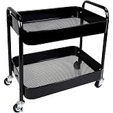 LIWNYRK 2 Tier Short Rolling Cart with Wheels for Under Desk Storage &amp; Panrty Floor Organizer, Large Capacity Metal Kitchen Utility Cart, Sturdy Makeup Organizer for Small Space with 4 Hooks, Black