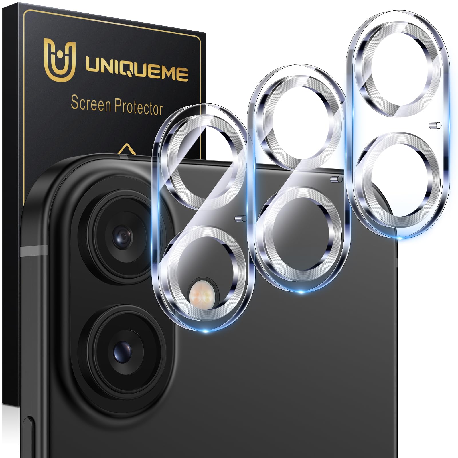 UniqueMe for 3 Pack iPhone 16 / iPhone 16 Plus/iPhone 17 Camera Lens Protector - [Drop Protection] [Case Friendly] 9H Tempered Glass Camera Cover Screen [Update New Version] - Silver