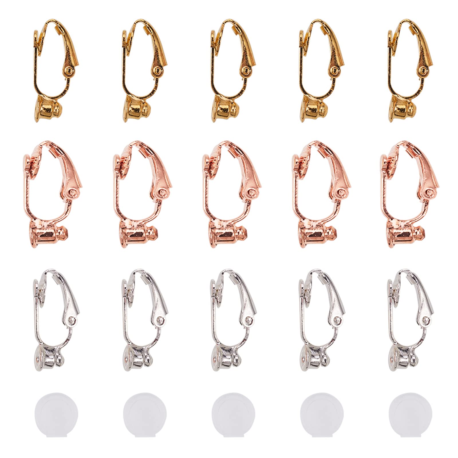 PandaHall Elite 30pcs 3 Colors Brass Clip-on Earring Converter with 30pcs Silicone Earring Pads Earring Components Non-Pierced Ear Hoops for Earring Jewellery Making Findings