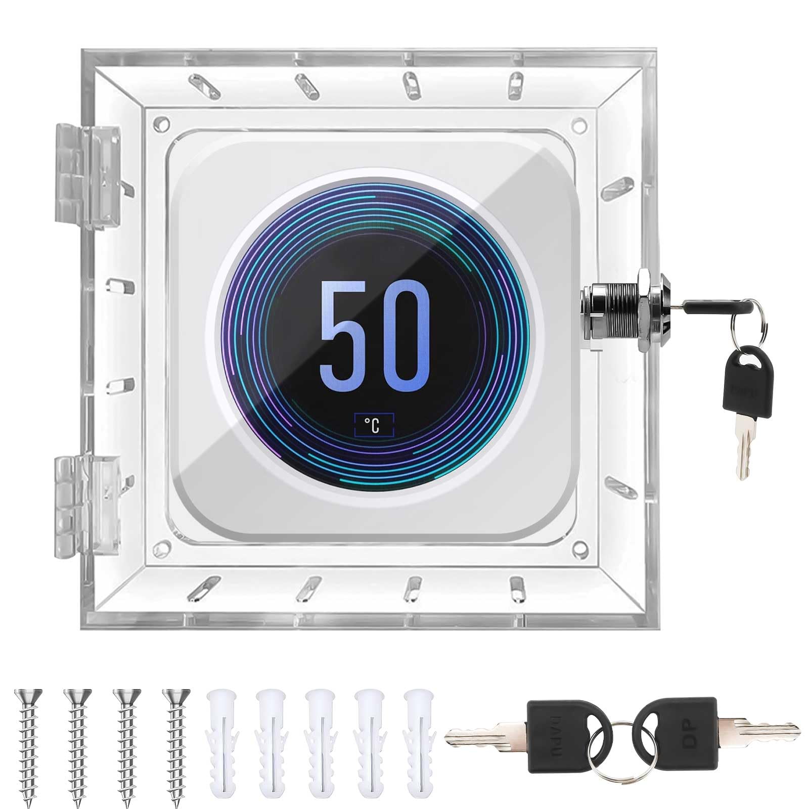 Les-Theresa Thermostat Cover with Lock, Thermostat Lock Box Acrylic Thermostat Lockbox, Thermostat Guard Box Universal Thermostat Protective Cover Fits Thermostats Smaller Than 4.72X5.62X1.77In (1pcs)