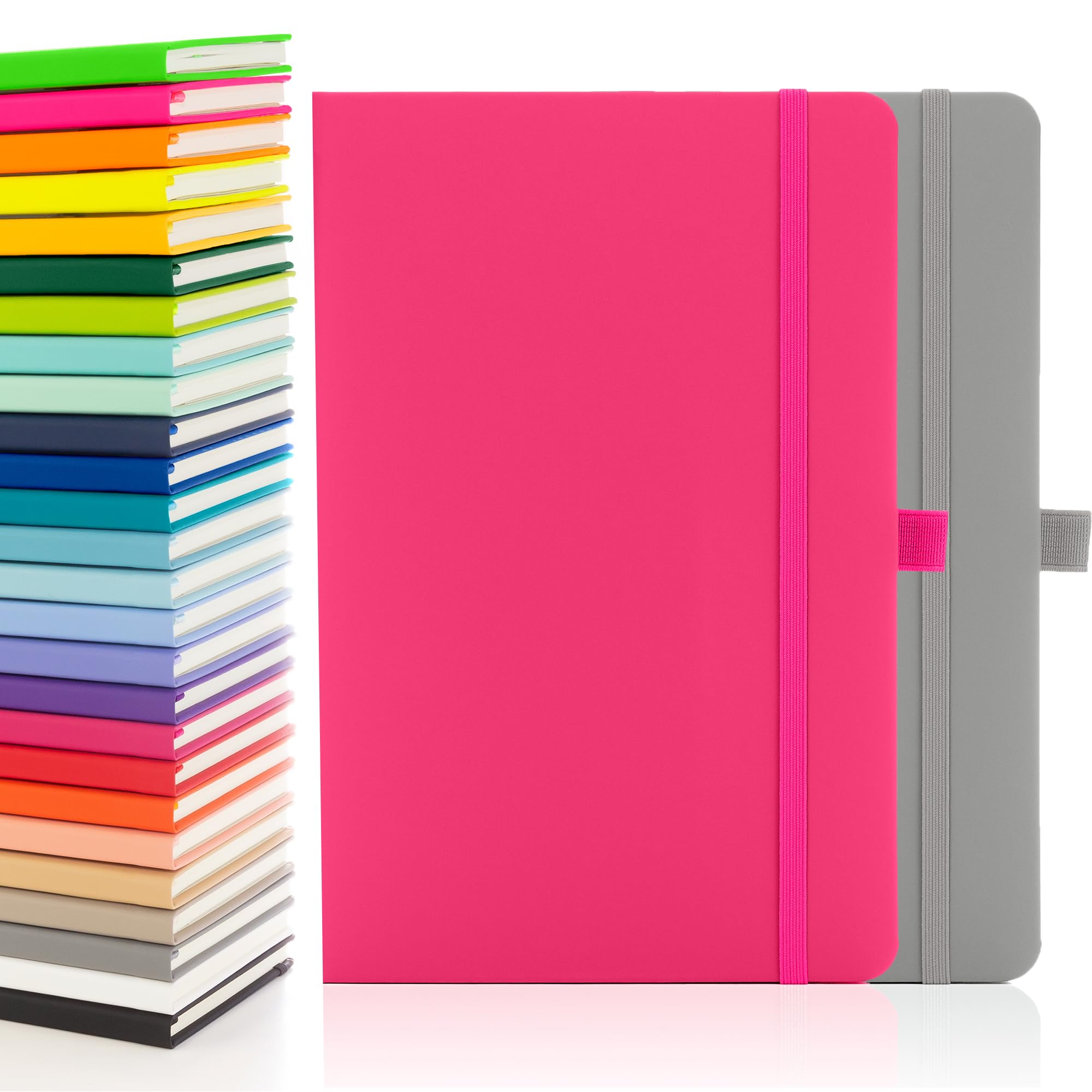 Notes London 2 x Eco A5 Notebook with Lined Pages, Pen Loop, Ribbon, Date Marks and Paper Pocket, Medium Hardback Journal, Note, sustainably sourced paper (Grey & Pink)