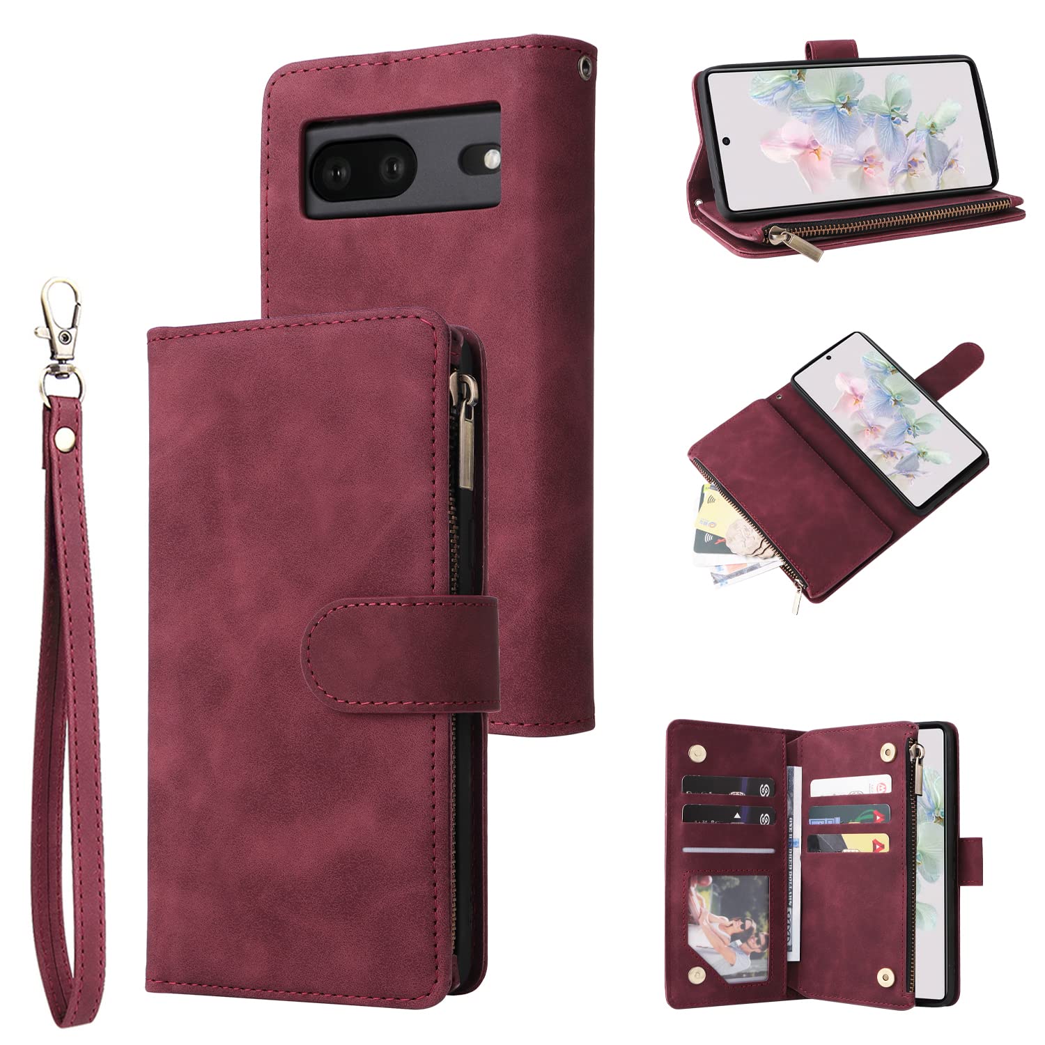 QLTYPRI Case for Google Pixel 7 Pro, Large Capacity Leather Wallet Case 6 Card Holder & 1 Zipper Pocket Kickstand Wrist Strap Magnetic Protective Cover for Google Pixel 7 Pro - Wine Red — image 1
