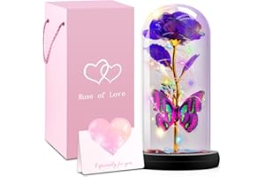 DOONLY Glass Rose, for Mom, Valentines Day Gifts for Her with Greeting Card, Galaxy Purple Butterfly Eternal Rose in A Glass Dome