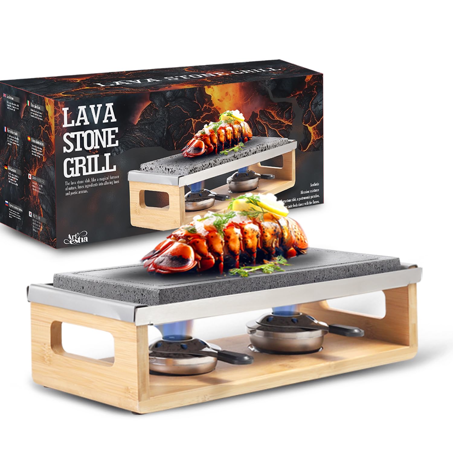 Photo 1 of Artestia Steak Lava Stone Table Grill for Meat with Bamboo Stand, Smokeless BBQ Grill Outdoor with Fast Heating Natural Lava Cooking Stone, Ideal for Dinner and Family Fun, Two Rechauds (14.56"*6.69")