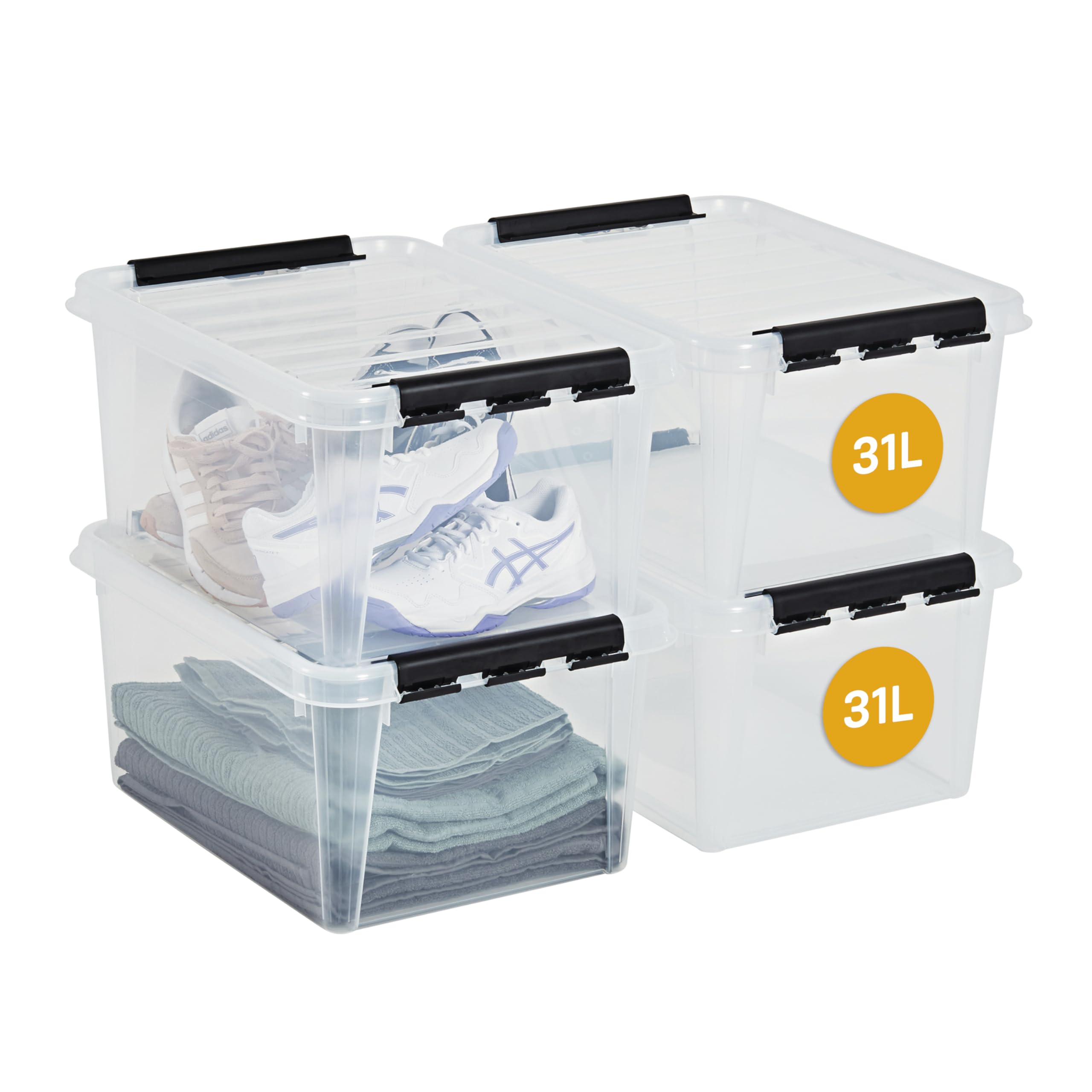 SmartStore 31L Clear Plastic Storage Boxes, 4 Pack, Reinforced, 10 Year Guarantee, Food Safe, Clip Locked, Stackable and Nestable, BPA Free L50 x W39 x H26 cm