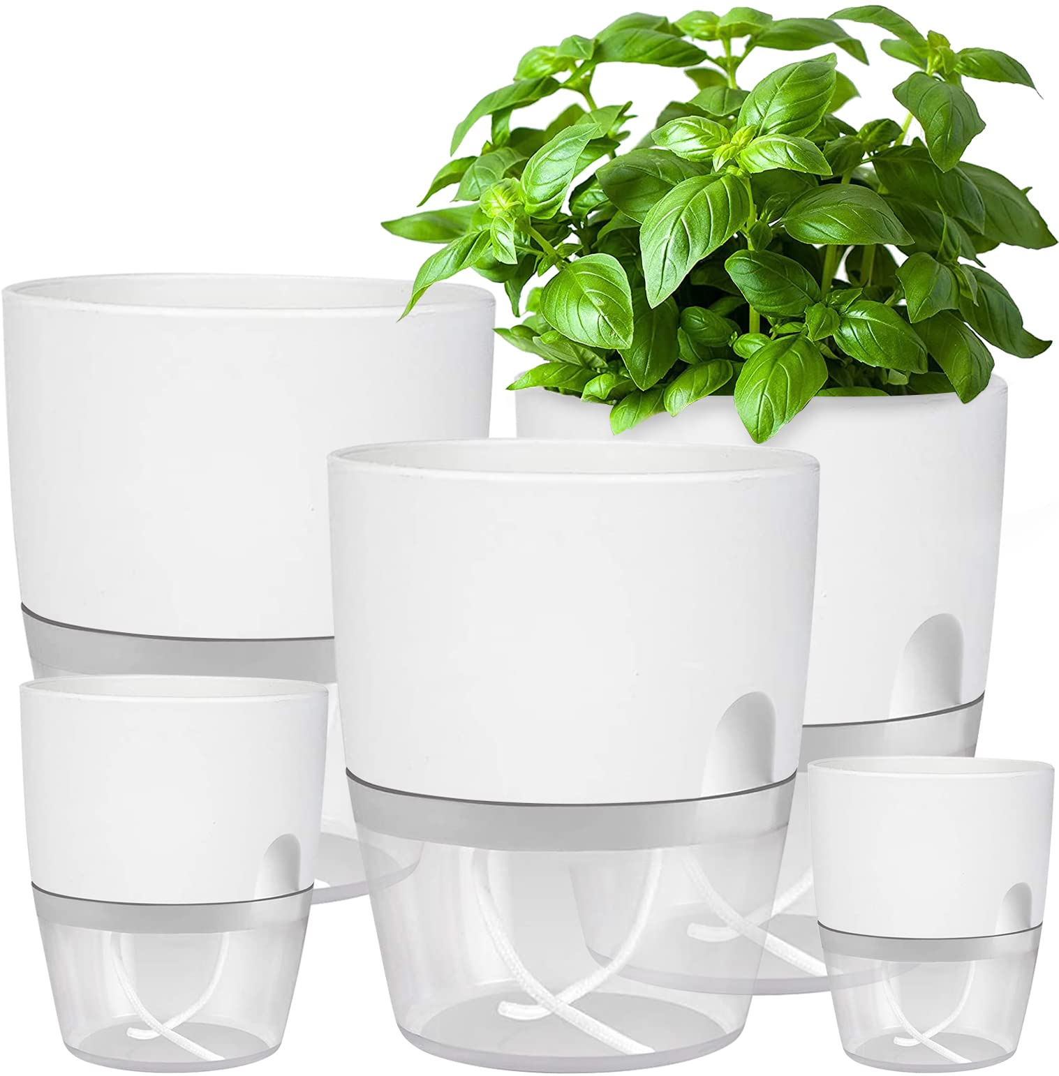 iDattel Plastic Plant Pots Indoor,15.3/10.5/8.2 cm Self Watering Plant Pots 5 Pack,Flower Pot Modern Decorative Plastic Planter with Extra Large Water Storage for All House Plants,Herbs(White) — image 1