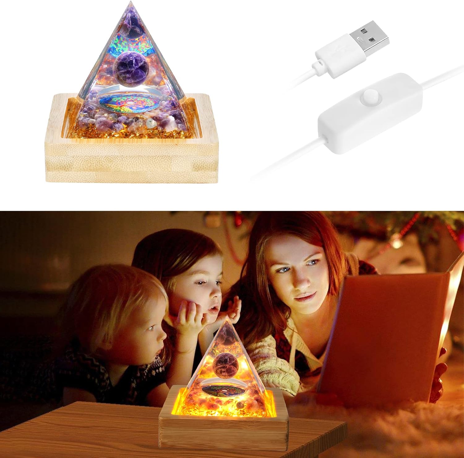 Mixed Media - Amethyst Crystals Healing Orgone Pyramid Valentines Day Gifts For Women, Amethyst Sphere Tree Of Life Crystal Pyramid with Wood Light Display Base Orgonite Pyramids for Positive Energy