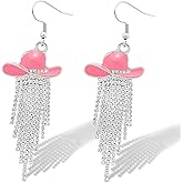RechicGu Western Cowgirl Enamel Hat Sparkly Rhinestone Tassel Dangle Earrings Prom Country Concerts Rodeo Cowboy Outfits Jewelry Gift for Women