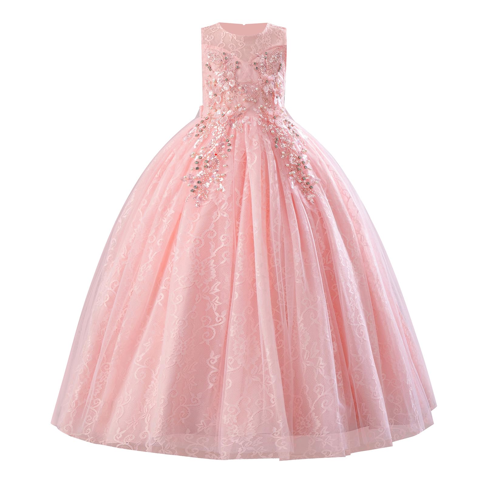Photo 1 of IDOPIP Flower Girl Sequin Lace Dress for Kids Wedding Bridesmaid Pageant Party Formal Long Maxi Gown Big Little Princess First Communion Birthday Prom Shiny Bow Puffy Tulle Dresses Pink 13-14 Years