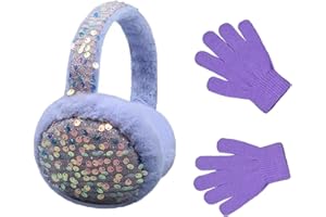 HYHFM Winter Ear Muffs Gloves Set for Kids with Adjustable Sequins Shiny Fluffy Warm Earmuffs for Kids Outdoor Cold Weather