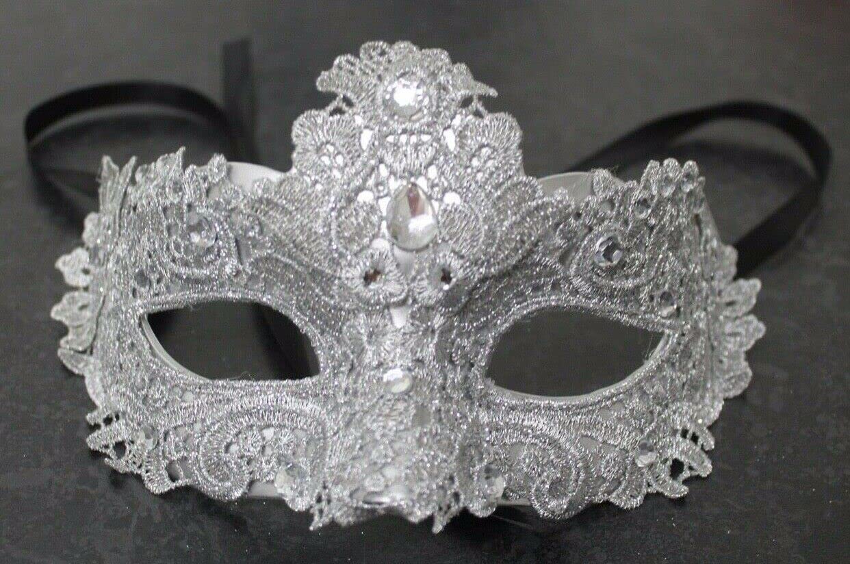 LADIES BROCADE SILVER WITH JEWELS VENETIAN MASQUERADE CARNIVAL PARTY EYE HALLOWEEN BALL MASK
