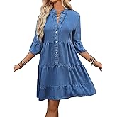 AprPith Women's Casual Denim Dress Tiered Ruffle A Line Button Down Summer Jean Dresses with 3/4 Flared Sleeves
