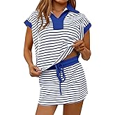 Fisoew Womens Striped 2 Piece Outfits Casual Sweatshirt Skirt Set Short Sleeve Skort Workout Set Matching Lounge Sets
