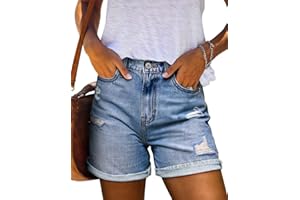 Magritta Denim Shorts for Women Mid Waisted Folded Hem Ripped Jean Shorts