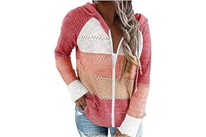 LFEOOST Women Long Sleeve Zip Up Hoodies Color Block Striped Casual V Neck Knit Pullover Sweater Loose Lightweight Sweatshirt
