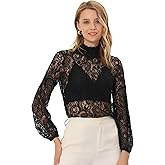 Allegra K Women's Floral Lace Top Turtleneck Puff Long Sleeve See Through Sheer Blouse
