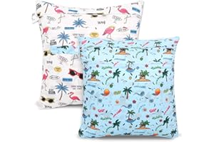 SANFERGE 2pcs Cloth Diaper Wet Dry Bags, Waterproof Reusable Wet Bag with 2 Zipper Pockets & Handle, Washable Laundry Bags for Baby Adult Clothes Travel Beach Pool Daycare Yoga Gym Exercise Swimsuits,