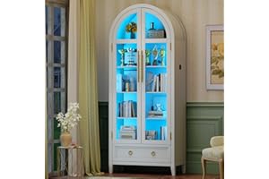 HNEBC Book Shelf with LED Lights, Arched Display Case with Storage Cabinet, Smart File Cabinet with Glass Door, Curio Cabinet with Solid Wood Legs for Home Office/Bedroom Furnniture-White